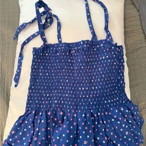 Womens Blue Smocked Top with Pink Accents